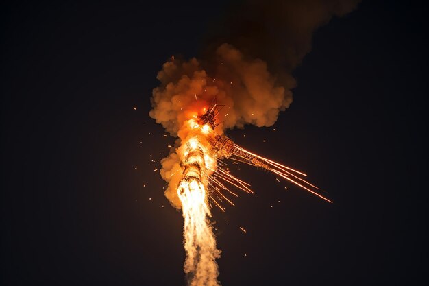 Lancement d'une fusée d'allumage céleste avec des flammes capturées d'en bas