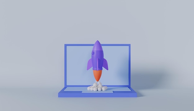 Lancement de fusée sur ordinateur portable fusée volante icône concept de projet de démarrage d'entreprise