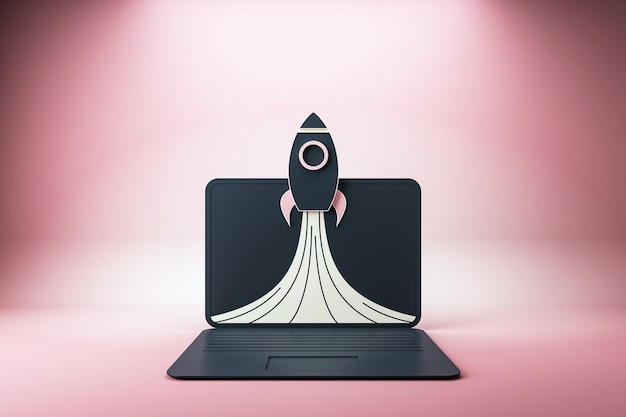 Lancement d'une fusée à partir d'un écran d'ordinateur portable sur un fond rose symbolisant la démarrage et la technologie Rendering 3D