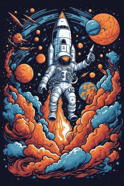 lancement de fusée très détaillé perdu dans le fond de la galaxie astronaute t-shirt design streetwear