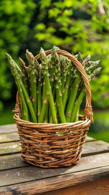 Des lances d'asperges fraîchement cueillies emballées dans un panier classique en osier placé sur une surface en bois avec un jardin vert luxuriant au loin