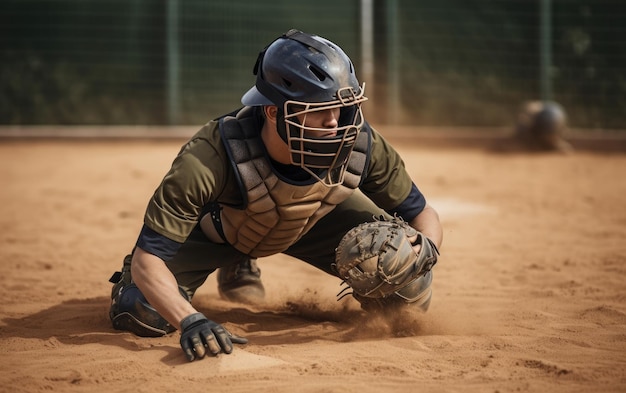 Photo lanceur de joueur de baseball athlétique dans un uniforme noir uniforme de sport de receveur de baseball généré par ai