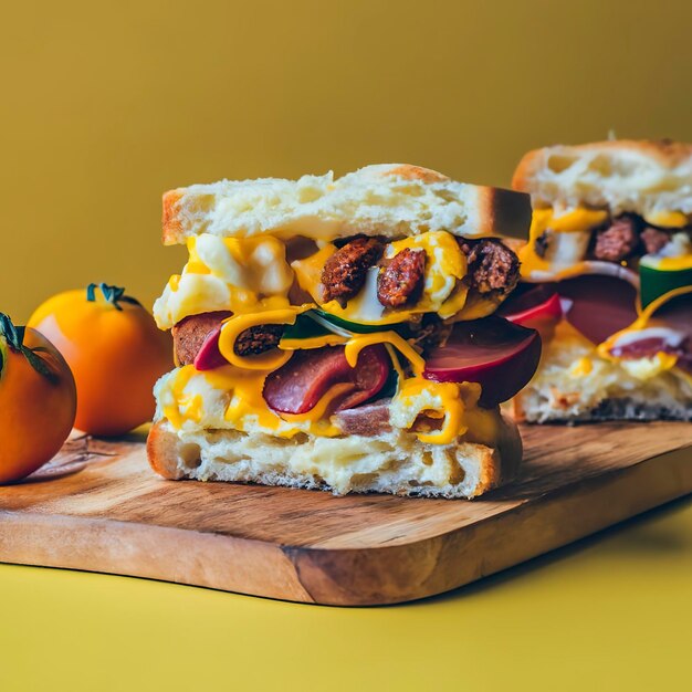 Lanche misto sandwich portugais traditionnel avec fromage et chorizo savoureux petit déjeuner sur fond jaune