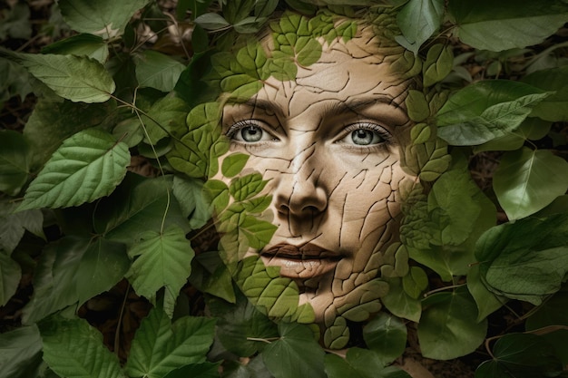 Photo land art contemporain portrait d'une femme avec feuilles et branchages