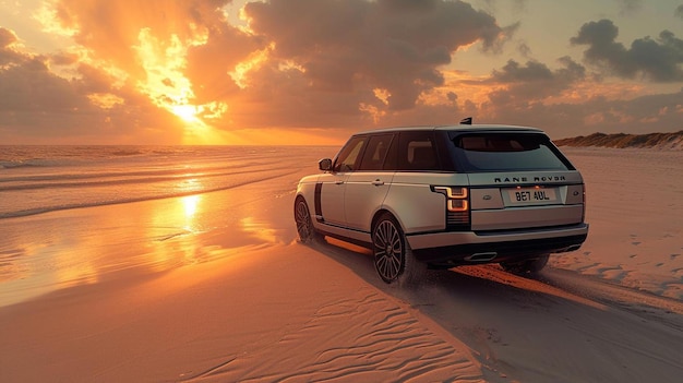 un land rover blanc garé sur la plage au coucher du soleil