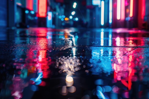 Landage urbain nocturne avec des reflets au néon sur l'asphalte mouillé et les rues sombres