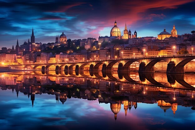 Landage urbain pittoresque de Porto Portugal au crépuscule avec un ciel coloré et des reflets dans la rivière