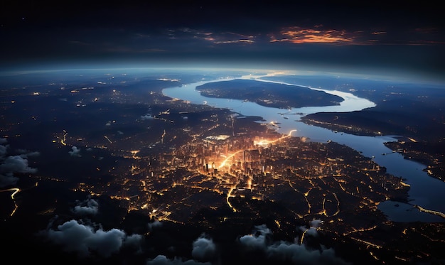 Landage urbain vue nocturne de la ville d'en haut Focus doux sélectif