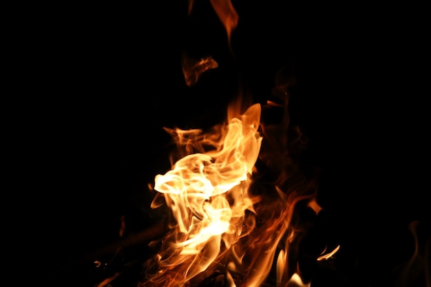 Langues d'une flamme de feu de couleur jaune orangé de bois de chauffage brûlant