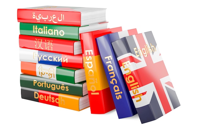 Langues Livres Livres ou dictionnaires avec différents drapeaux Rendu 3D isolé sur fond blanc