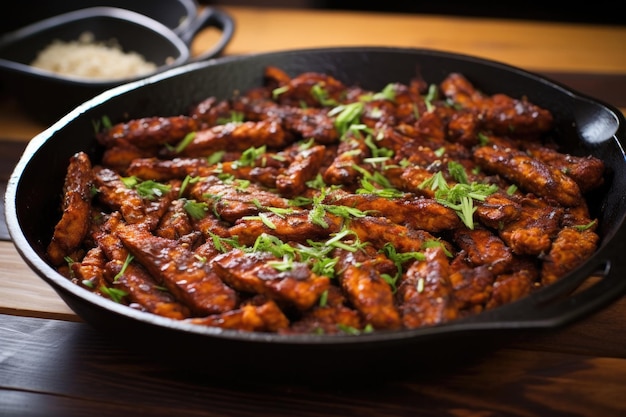 Lanières de bacon au tempeh grésillant dans une poêle