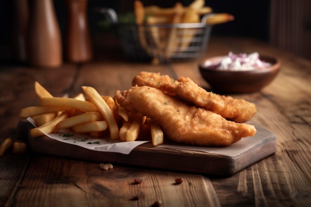 Lanières de poisson frit croustillant avec frites sur une table en bois rustique générée par l'IA