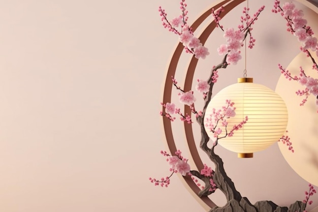 lanterne 3d réaliste avec fond chinois de fleurs de cerisier