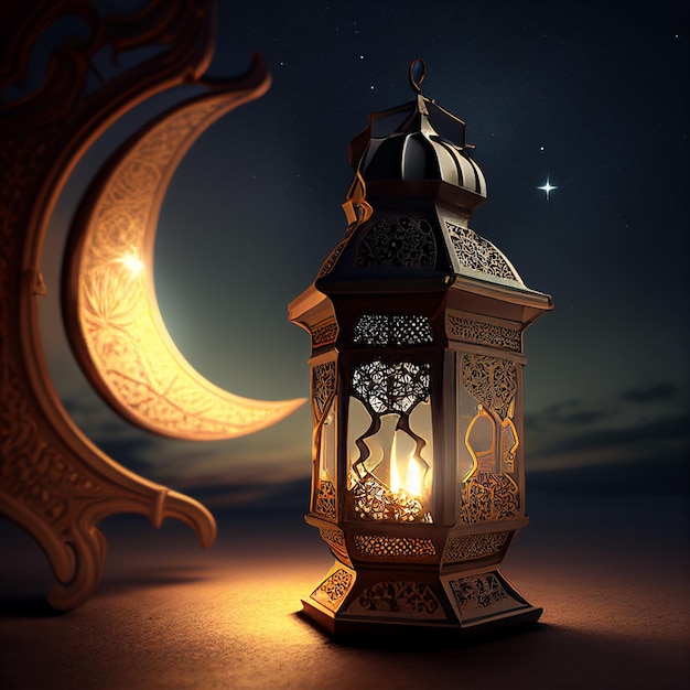 Une lanterne allumée avec la lune en arrière-plan