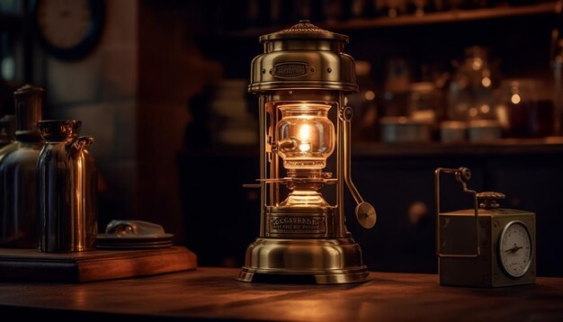 Une lanterne à l'ancienne illumine un café rustique qui prépare de la caféine fraîche générée par l'IA