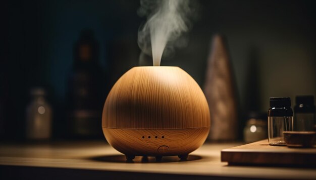 Photo lanterne à l'ancienne rougeoyante sur une table en bois illuminant la décoration spirituelle générée par l'ia