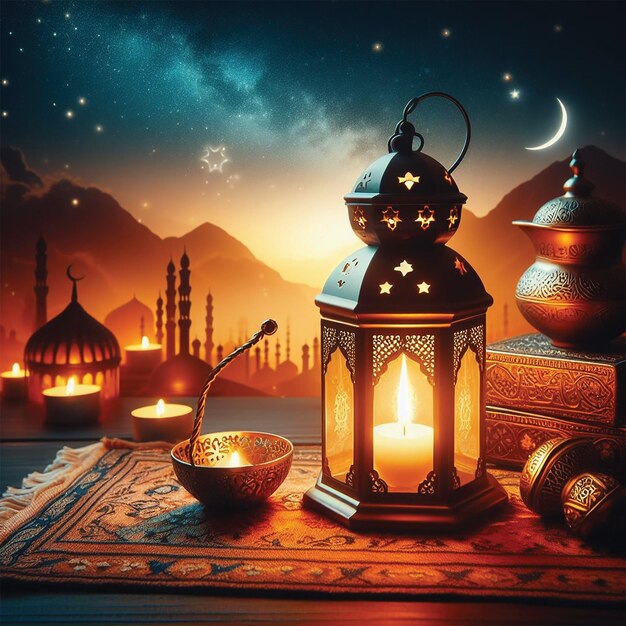 Lanterne arabe avec bougie allumée ramadan