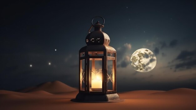 Lanterne arabe et ciel nocturne avec croissant de lune décroissant en arrière-plan RAMADAN Generative AI