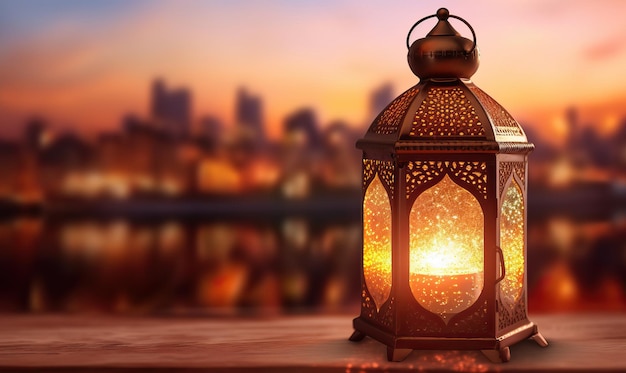 Lanterne arabe dans la ville du soir créée à l'aide d'outils d'intelligence artificielle génératifs