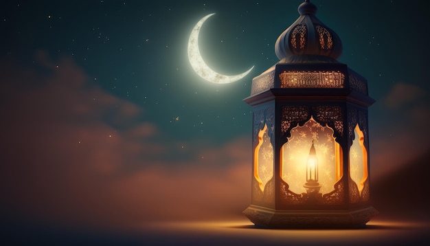 Une lanterne arabe décorative avec une bougie allumée qui brille le soir pour célébrer le mois sacré musulman du Ramadan Kareem