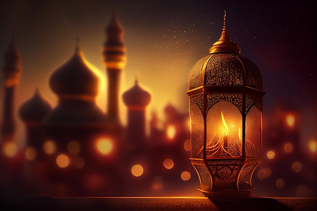 Lanterne arabe du Ramadan avec bougie légère et fond de mosquée avec fond