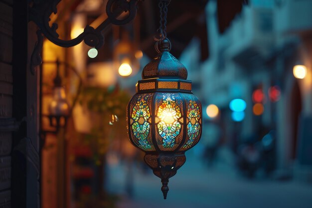 Une lanterne arabe lumineuse éclaire la nuit Ramadan Mubarak