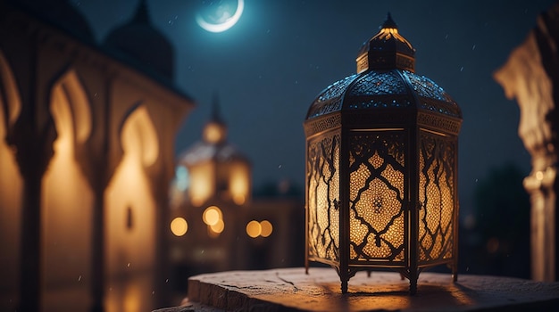 Lanterne arabe de luxe ramadan kareem avec bokeh ai génératif