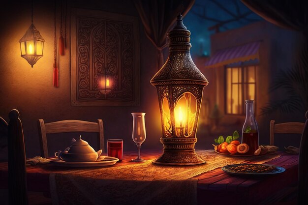 Lanterne arabe ornementale avec une bougie allumée la nuit et des lumières bokeh dorées scintillantes.