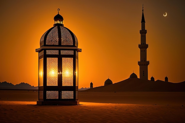 Lanterne arabe ornementale avec une bougie allumée rougeoyante Mois sacré musulman Ramadan Kareem Generative AI