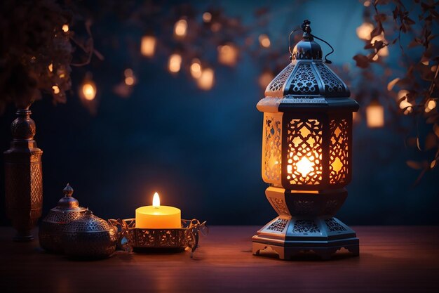 Lanterne arabe ornementale avec bougie brûlante brillante la nuit Invitation de carte de vœux festive pour le mois sacré musulman du Ramadan Kareem