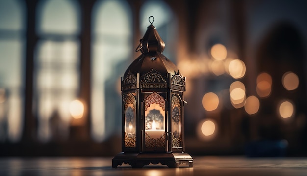 Lanterne arabe ornementale avec des bougies allumées qui brillent la nuit mois sacré musulman ramadan kareem