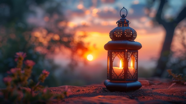 Lanterne arabe ornementale à la chandelle et invitation festive pour le Ramadan Kareem