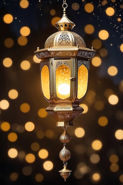 Photo lanterne arabe ornementale et dorée avec une nuit lumineuse de lune et des lumières bokeh dorées étincelantes fes