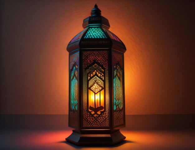 Une lanterne arabe ornementale avec du verre coloré brillant sur un fond sombre un salut pour Ramada