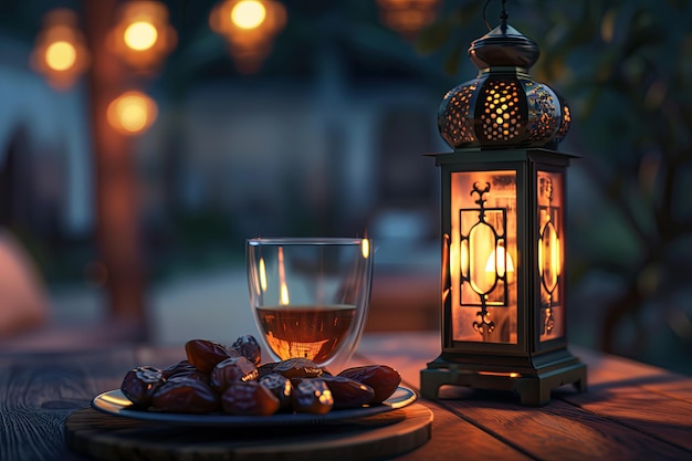 lanterne arabe sur une table en bois avec des dattes sur l'assiette et un verre de thé célébration de la fête du ramadan kareem