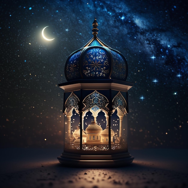 Une lanterne bleue et dorée avec le mot ramadan dessus