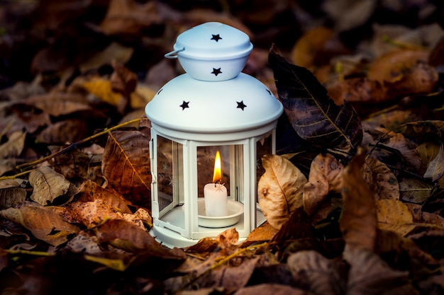 Lanterne avec une bougie parmi les feuilles d'automne sèches la nuit, une lanterne illumine le jardin