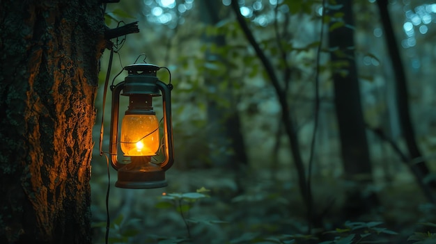 Photo une lanterne brillante est suspendue à un arbre dans la forêt la nuit la lumière chaude jette une lueur sur les arbres et les feuilles environnants