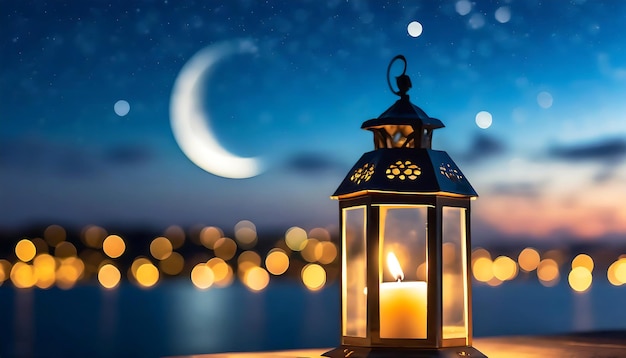 Photo lanterne à la chandelle contre un ciel nocturne avec un croissant de lune décroissant