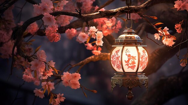 Photo lanterne chinoise orientale sur une branche de sakura lumière magique génération ai