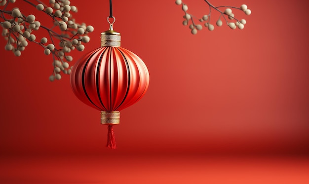 Photo une lanterne chinoise rouge et dorée d'une branche