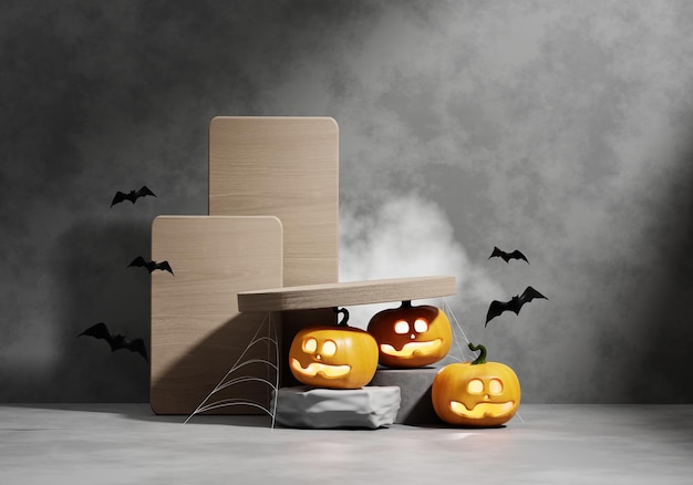 Lanterne de citrouille d'Halloween et rendu 3D du podium d'affichage du produit