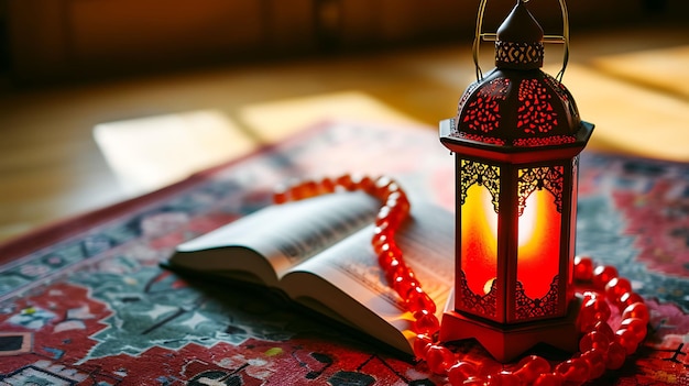 Lanterne avec concept de prière islamique du Coran ouvert
