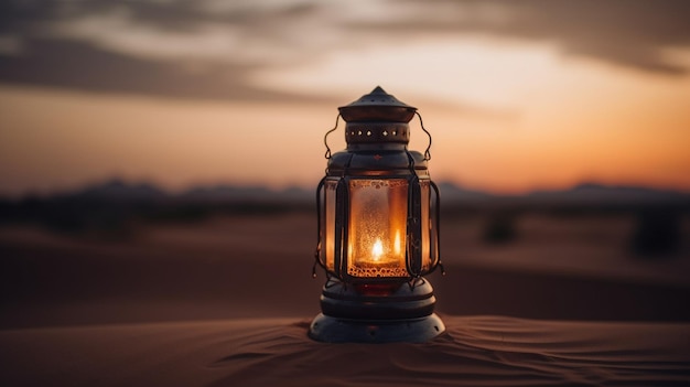 Une lanterne dans le désert au coucher du soleil