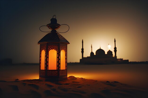 Une lanterne dans le désert avec une mosquée en arrière-plan