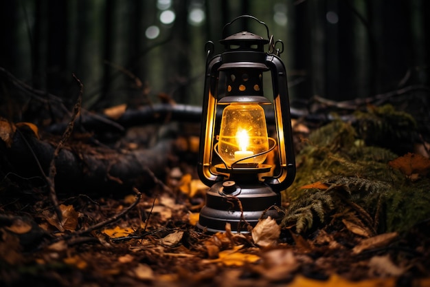 Lanterne dans la forêt d'automne Concept de voyage Style vintage