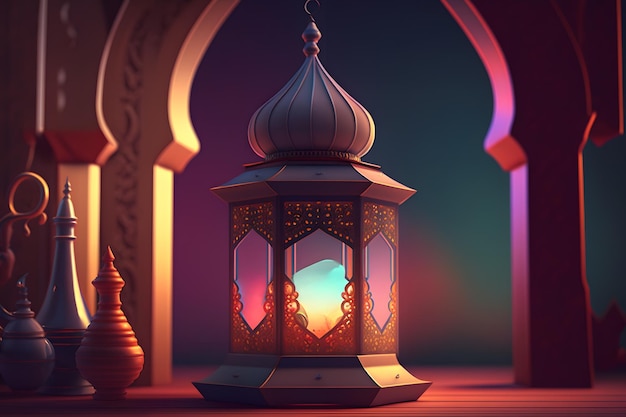 Une lanterne dans une mosquée avec une lumière colorée en arrière-plan.