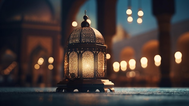 Une lanterne dans une mosquée avec des lumières en arrière-plan