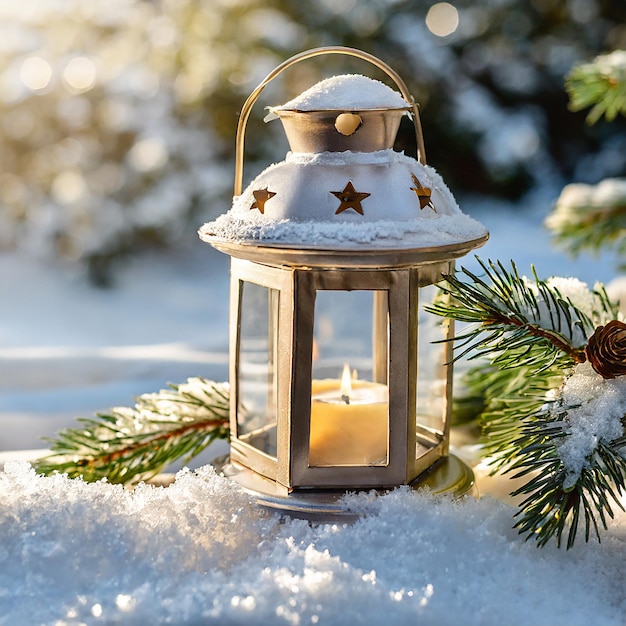 Lanterne dans la neige sur le fond d'un arbre de Noël