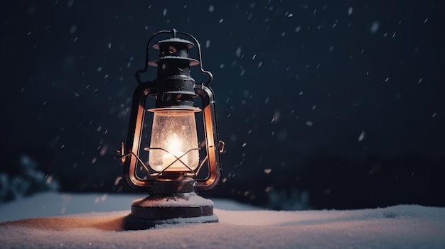 Une lanterne dans la neige avec le mot hiver dessus